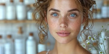 Woman with blue eyes and freckles smiling.