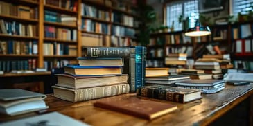 Library table with stacked books.