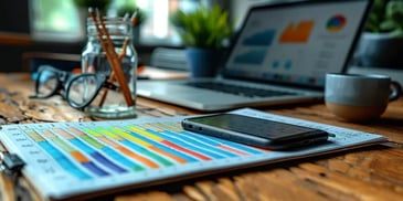 Close-up of a colorful bar chart on a clipboard, with a smartphone, glasses, pencils in a jar, and a laptop displaying graphs.