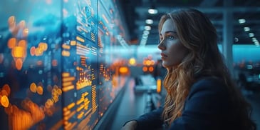 Focused woman with long hair analyzing data on a large digital screen.