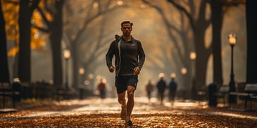 a person running on a path with trees in the background