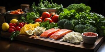 a cutting board with vegetables and fish