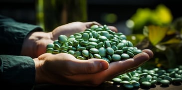 a person holding a handful of green round objects