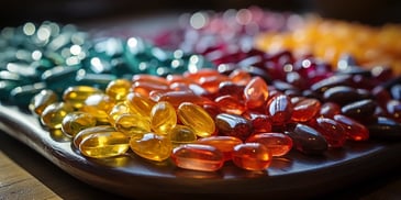 a group of colorful pills on a plate