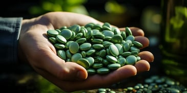 a hand holding a handful of green pills