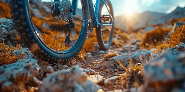 Mountain bike on rocky trail at sunset.