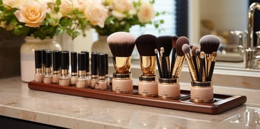 a group of makeup brushes in containers