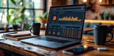 Laptop displaying charts and data on a wooden table with notebooks and coffee cups.