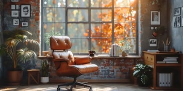 Cozy home office with a brown leather chair, large window showcasing autumn foliage.