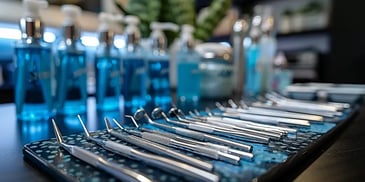 Dental tools and blue bottles on tray.