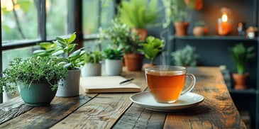 Cup of tea on a saucer, set on a rustic wooden table with various potted plants, and an open notebook.