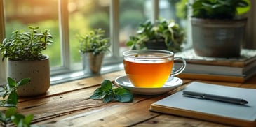 Cup of tea on a saucer, surrounded by potted plants, a notebook, and a pen on a wooden table near a sunny window.