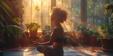 Woman meditating in sunlit room with plants.