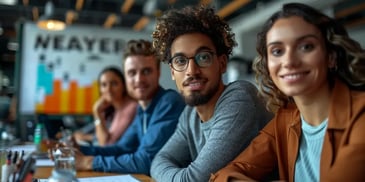 Team members in a meeting, smiling.