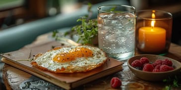 Sunny-side up eggs, berries, and sparkling water.