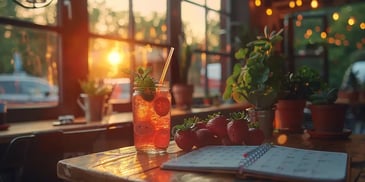 Strawberry drink, strawberries, and notebook at sunset.