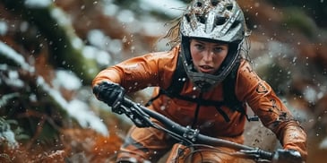 Focused mountain biker riding through rain.