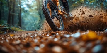 Mountain bike kicking up dirt on trail.