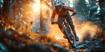 Mountain biker riding through a forest trail.