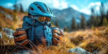 Mountain biking gear set on grassy terrain.