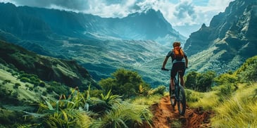 Mountain biker on lush trail overlooking valley.