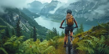 Mountain biker overlooking foggy valley and lake.