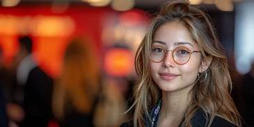 Woman with glasses smiling at event.