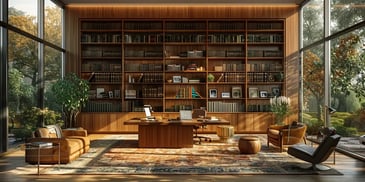 Home office with a large wooden desk, leather chairs, and a floor-to-ceiling bookshelf filled with books.