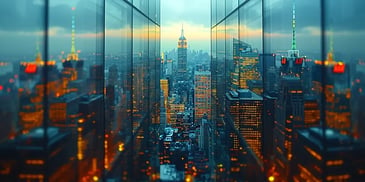 Skyline of a city with illuminated buildings reflecting on glass walls.