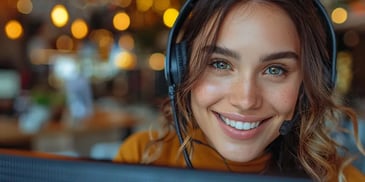 Smiling woman with a headset, working in a brightly lit office.