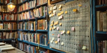 Library with large calendar and sticky notes.