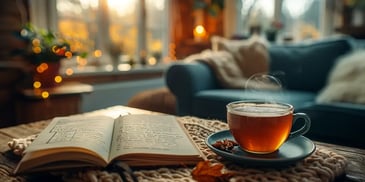 Steaming tea and open book in cozy room.