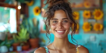 Smiling woman with freckles and sunflowers.
