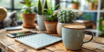 Coffee cup, calendar, and plants on desk.