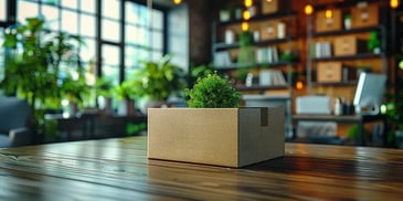 A cardboard box with a small plant on a wooden table in a cozy.