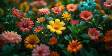 A vibrant garden of multi-colored daisies and marigolds in full bloom with lush green leaves.