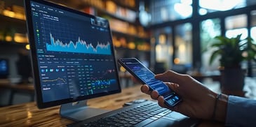 Person analyzing financial charts on computer and smartphone.