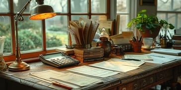 Wooden desk with a vintage lamp, papers, calculator, books, and potted plant.