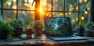 Laptop on a wooden table surrounded by potted plants.