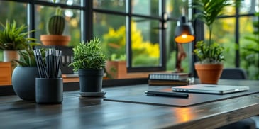 A neatly organized desk with potted plants, a laptop, pens, and a notebook by a large window.