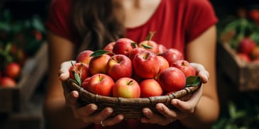 a person holding a bowl of apples