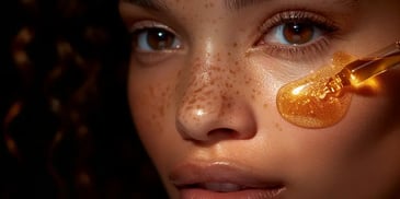 Woman applying golden serum under her eye.