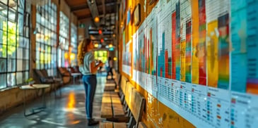 Colorful charts and graphs on a wall in a modern office.