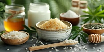 Rice in bowls with honey and milk.