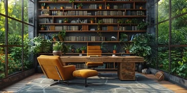 Home office with floor-to-ceiling windows, lush greenery, wooden desk, and brown leather chairs.