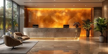 Luxurious hotel lobby with modern decor.