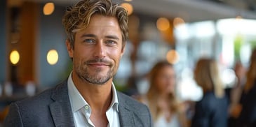 Smiling man in gray suit at event.