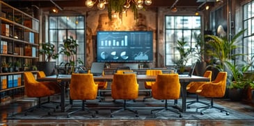 Modern conference room with yellow chairs.