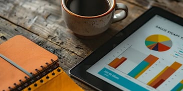 Tablet with charts, coffee cup, and notebook.