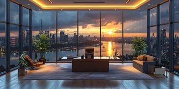 Luxurious office with stunning city sunset view.